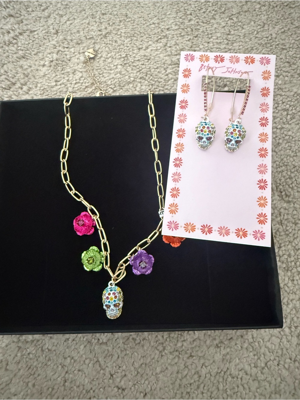 Betsey Johnson sugar Skull Necklace & earrings for dia de los muertos